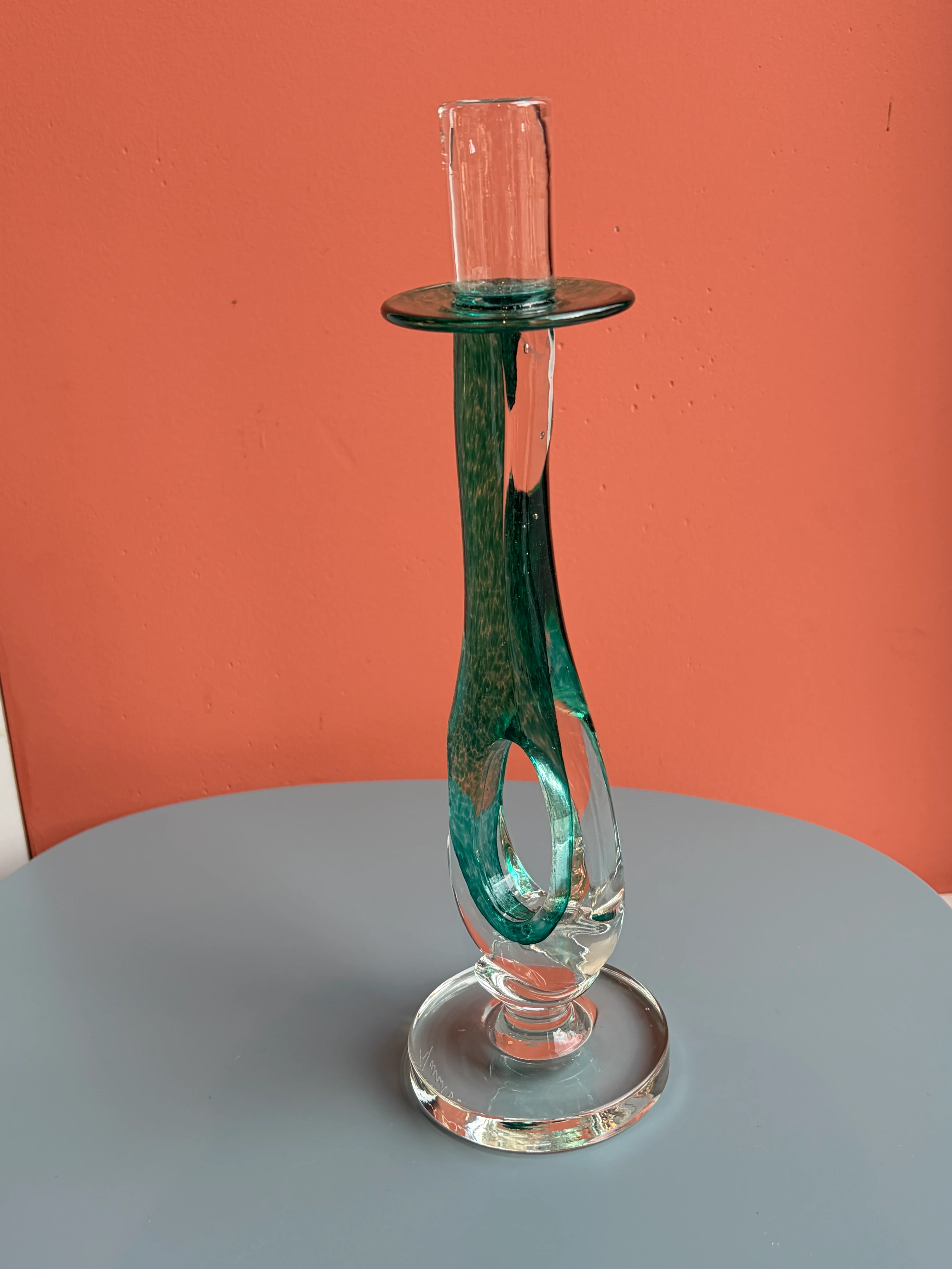 Green Swirled Glass Tall Candle Holder