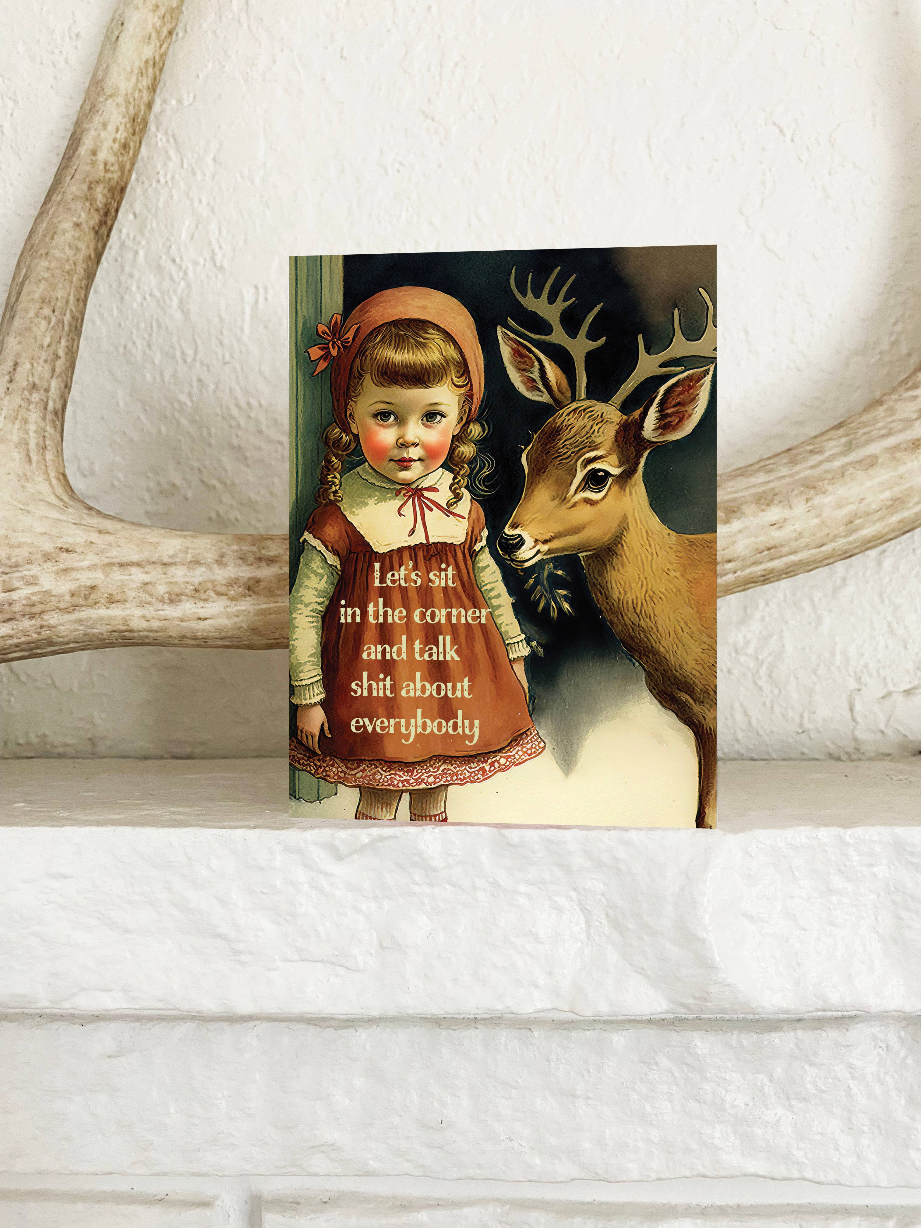 Let's Talk Shit Greeting Card - Funny Retro Girl with Deer - Image 2