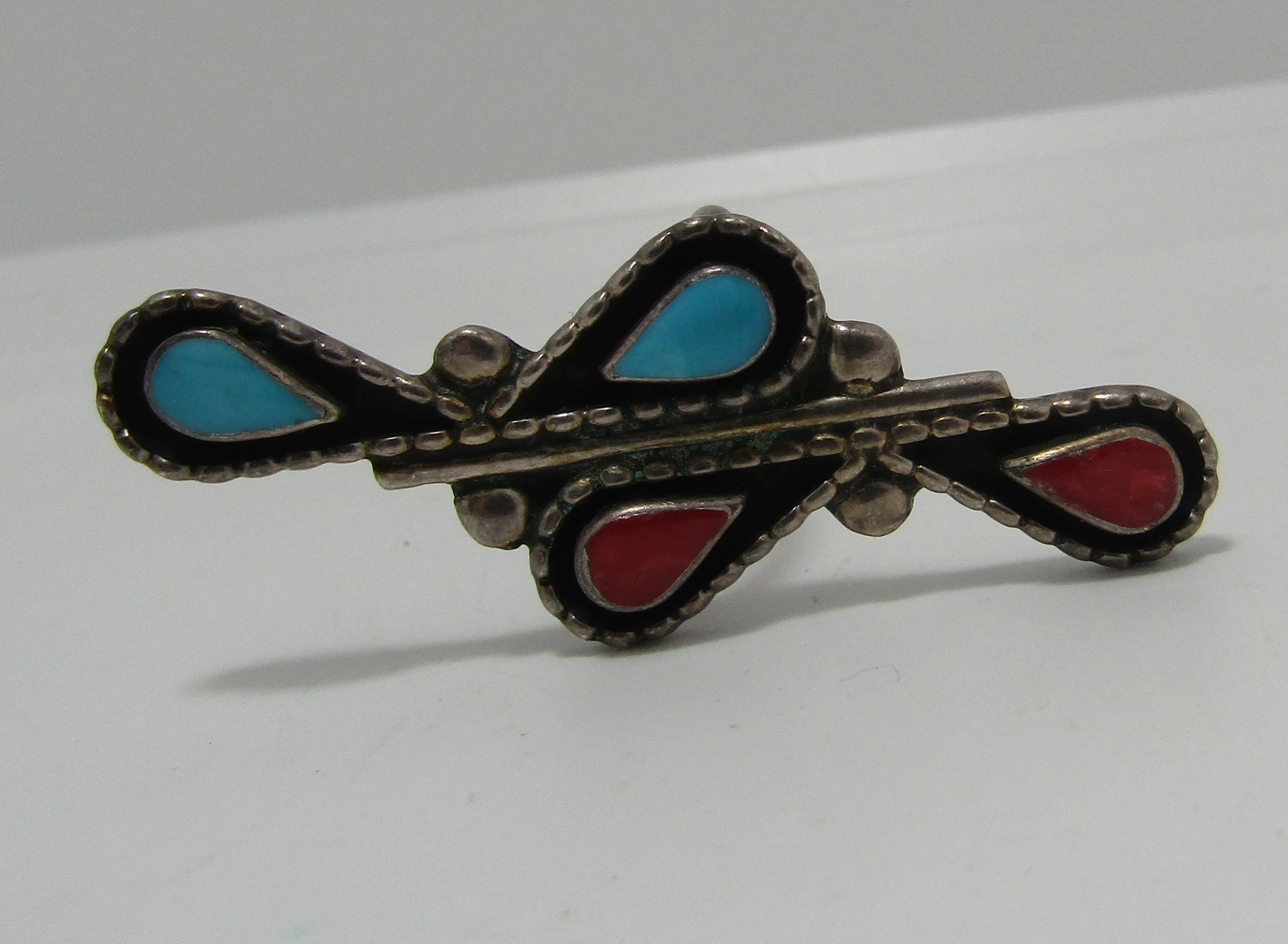 LONG 2" SIGNED RED CORAL TURQUOISE STERLING RING - Image 3